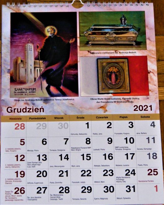 kalendarz ścienny na 2021 rok, wydany przez Oddział Stowarzyszenia Krzewienia Kultu Św. Andrzeja Boboli przy Sanktuarium Św. Andrzeja Boboli w Szczecinie