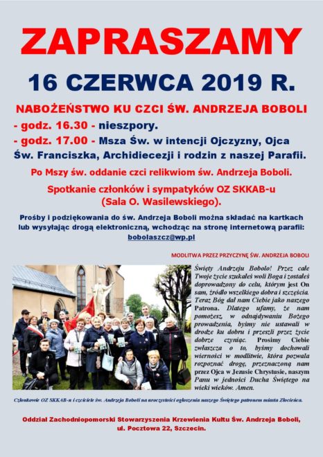 Członkowie OZ SKKAB-u i czciciele św. Andrzeja Boboli na uroczystości ogłoszenia patronem miasta Złocieńca.