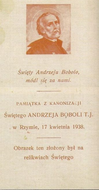 Pamiątka z kanonizacji Świętego Andrzeja Boboli T.J. w Rzymie 17 kwietnia 1938 złożony na relikwiach Świętego